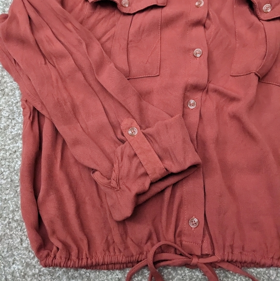 (2/$25) No Boundaries coral full sleeve button down shirt ruched waist tie - Picture 9 of 14